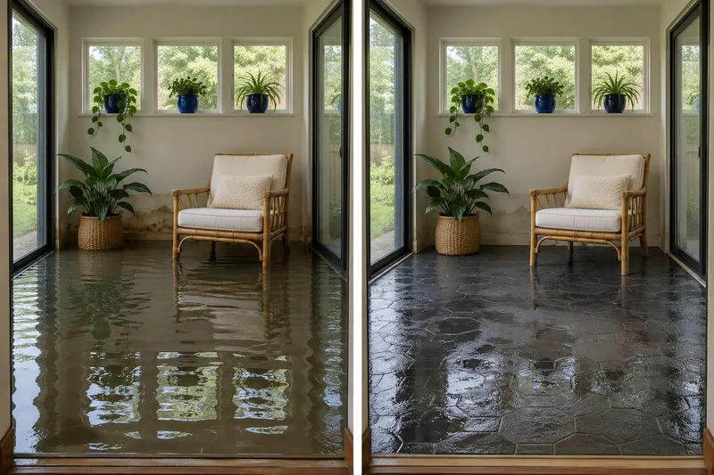 Water Extraction Near Little Elm Park — matched room with standing water before collection and damp flooring after pickup