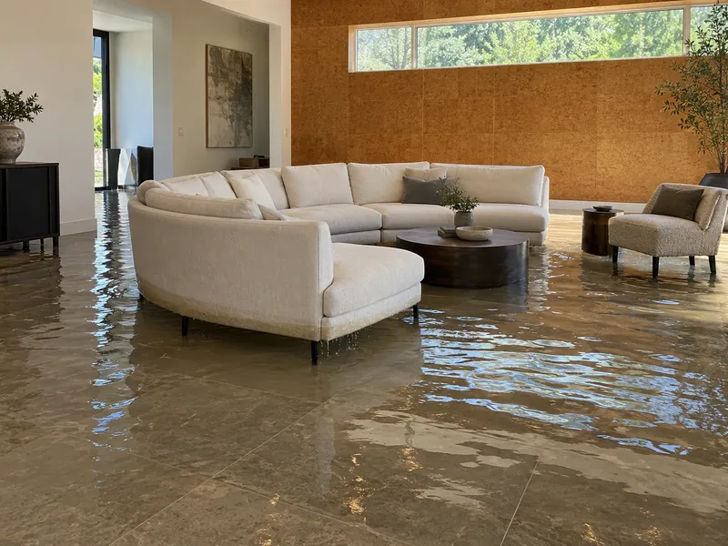 Water Extraction Near Little Elm Park — flooded interior with visible waterline and submerged furniture feet