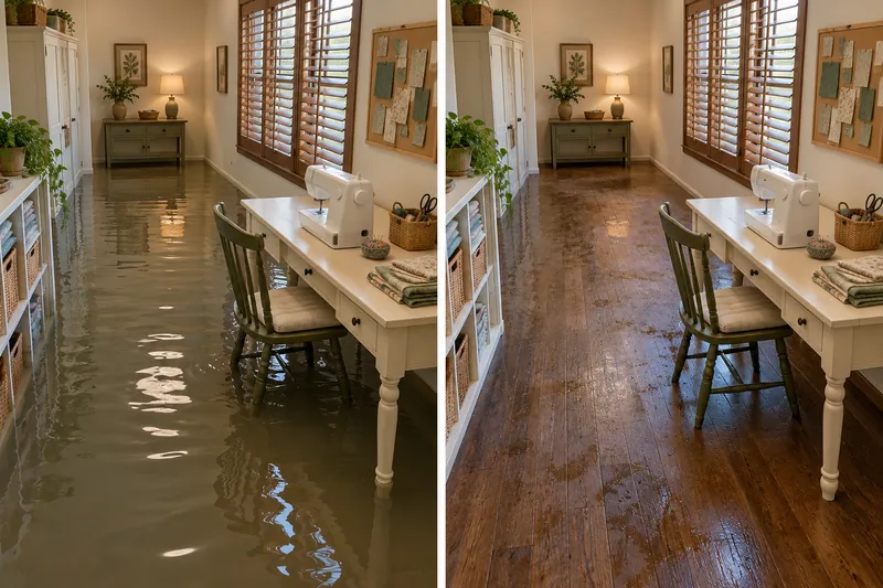 Water Extraction Near Cottonwood Park — matched room with standing water before collection and damp flooring after pickup