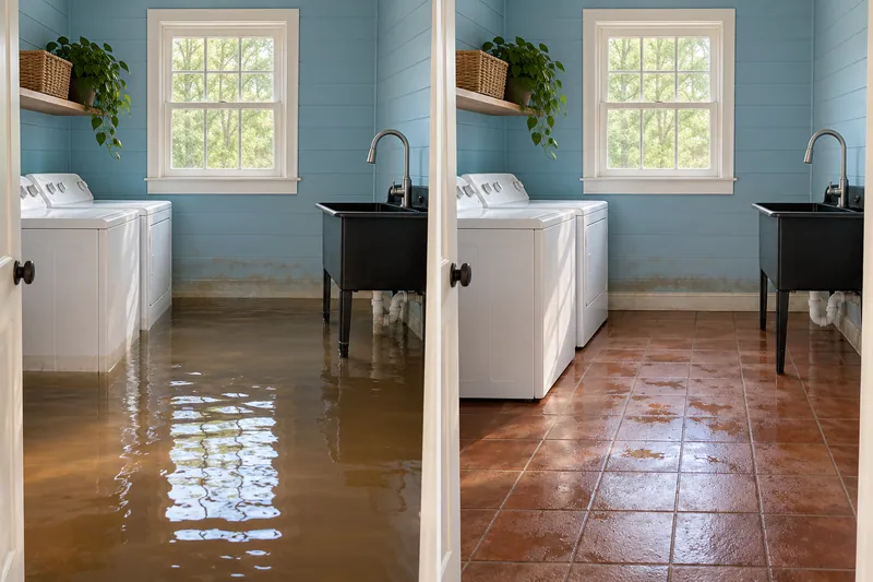 Water Extraction Near Beard Park — matched room with standing water before collection and damp flooring after pickup