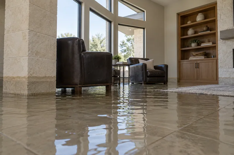 Water Extraction Near Beard Park — flooded interior with visible waterline and submerged furniture feet