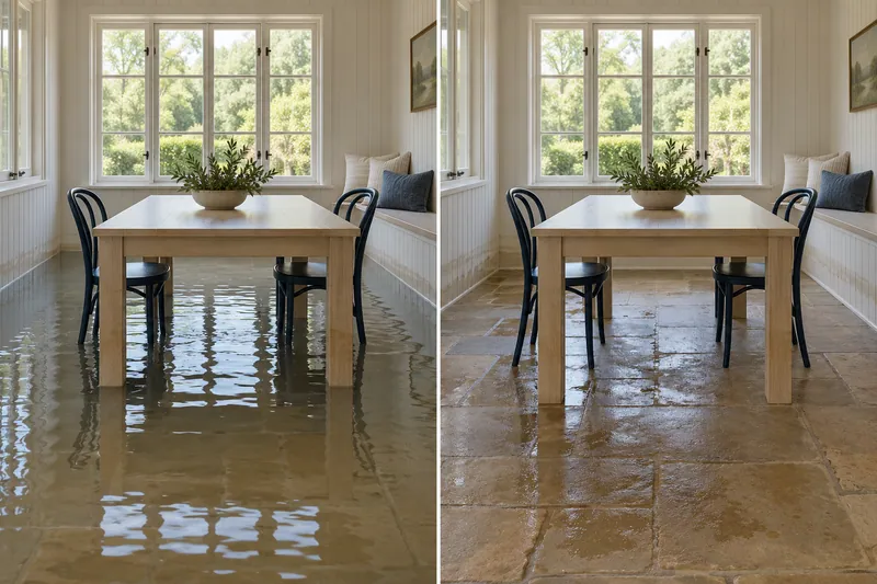 Water Extraction Near McCord Park — matched room with standing water before collection and damp flooring after pickup