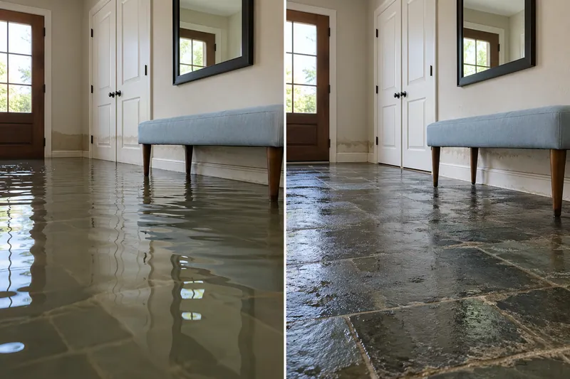 Water Extraction Near Lakefront Trail — matched room with standing water before collection and damp flooring after pickup