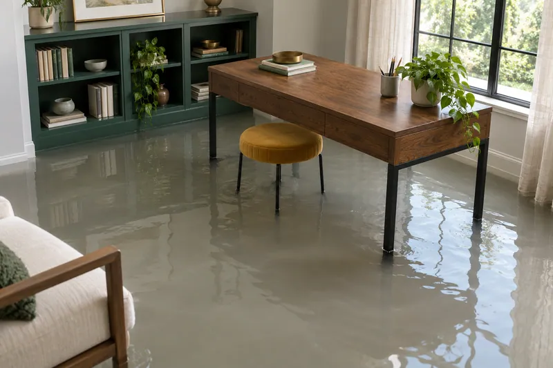 Water Extraction Near Lakefront Trail — flooded interior with visible waterline and submerged furniture feet