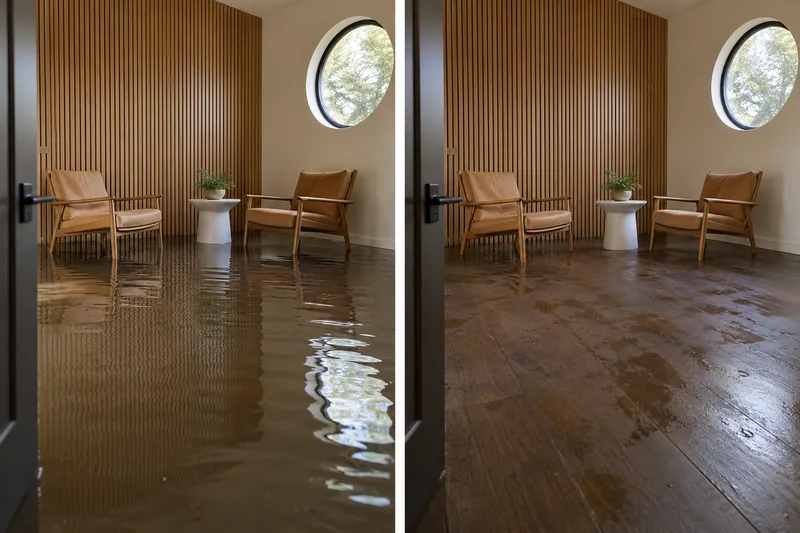 Water Extraction Near The Lawn at The Lakefront — matched room with standing water before collection and damp flooring after pickup