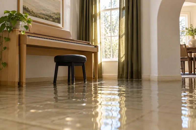 Water Extraction Near The Lawn at The Lakefront — flooded interior with visible waterline and submerged furniture feet