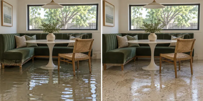Water Extraction in Little Elm — matched room with standing water before collection and damp flooring after pickup